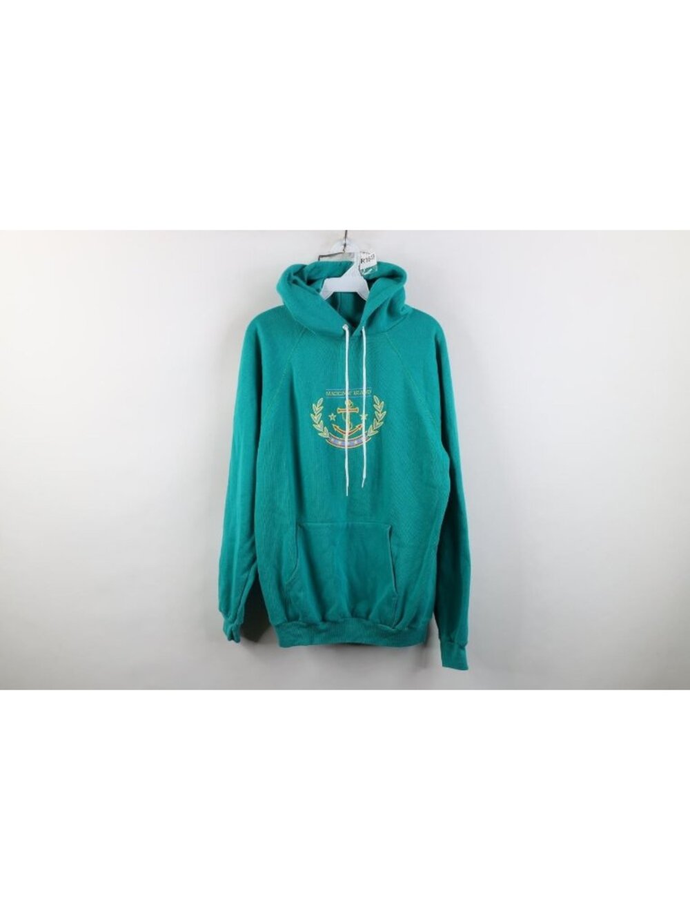 Vtg 80s Mens Large Spell Out Mackinac Island Boat Anchor Hoodie Sweatshirt USA